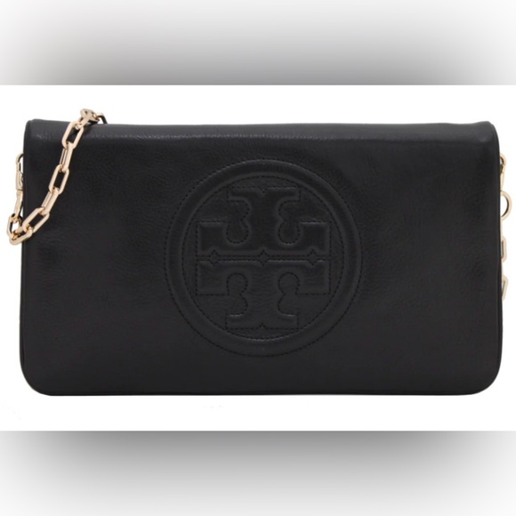 Tory Burch Bombe Reva Black Leather Clutch with Gold Chain - Picture 2 of 10